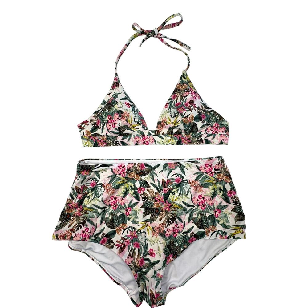 Victoria's Secret 2-Piece Swim High Waist Bikini Women's L Pink Green Floral